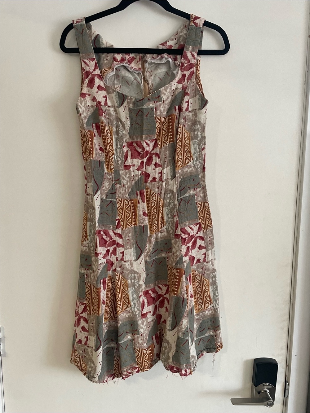 Vintage Homemade Patchwork Midi Dress in Beige, Red & Gray